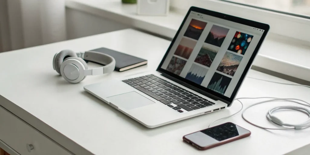 Streaming free online music stations and internet radio on a laptop with headphones.