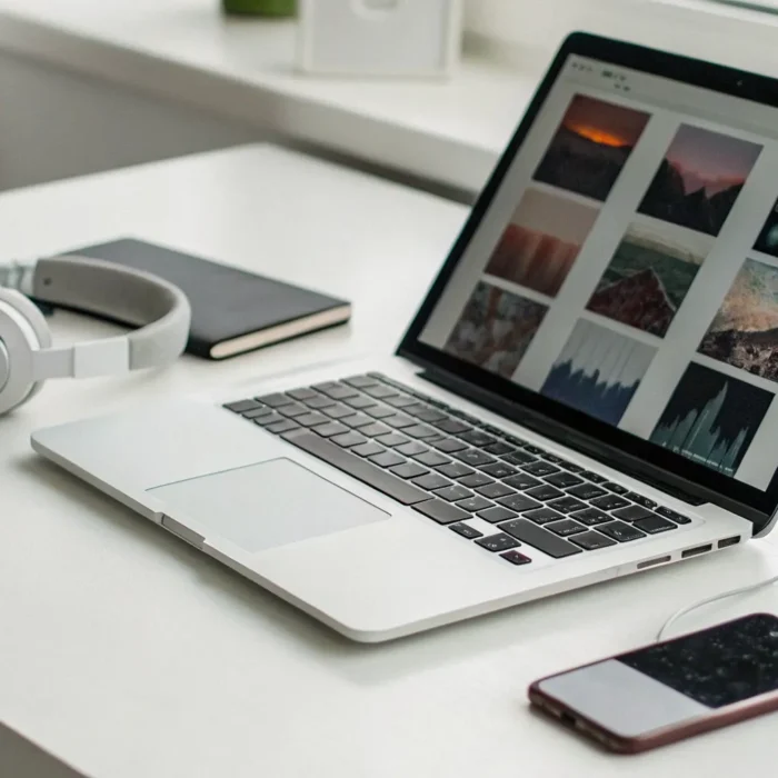 Streaming free online music stations and internet radio on a laptop with headphones.