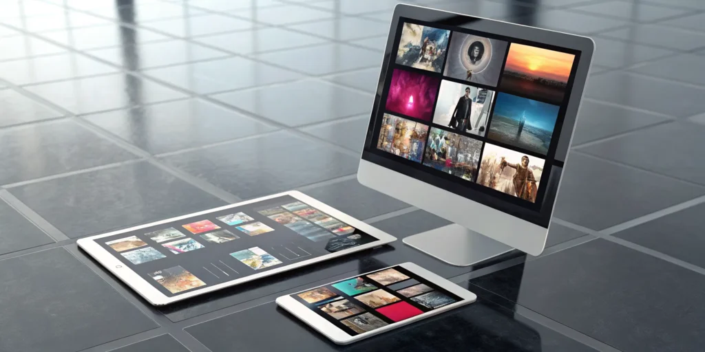 A phone, tablet, and computer displaying today's best music radio platforms.