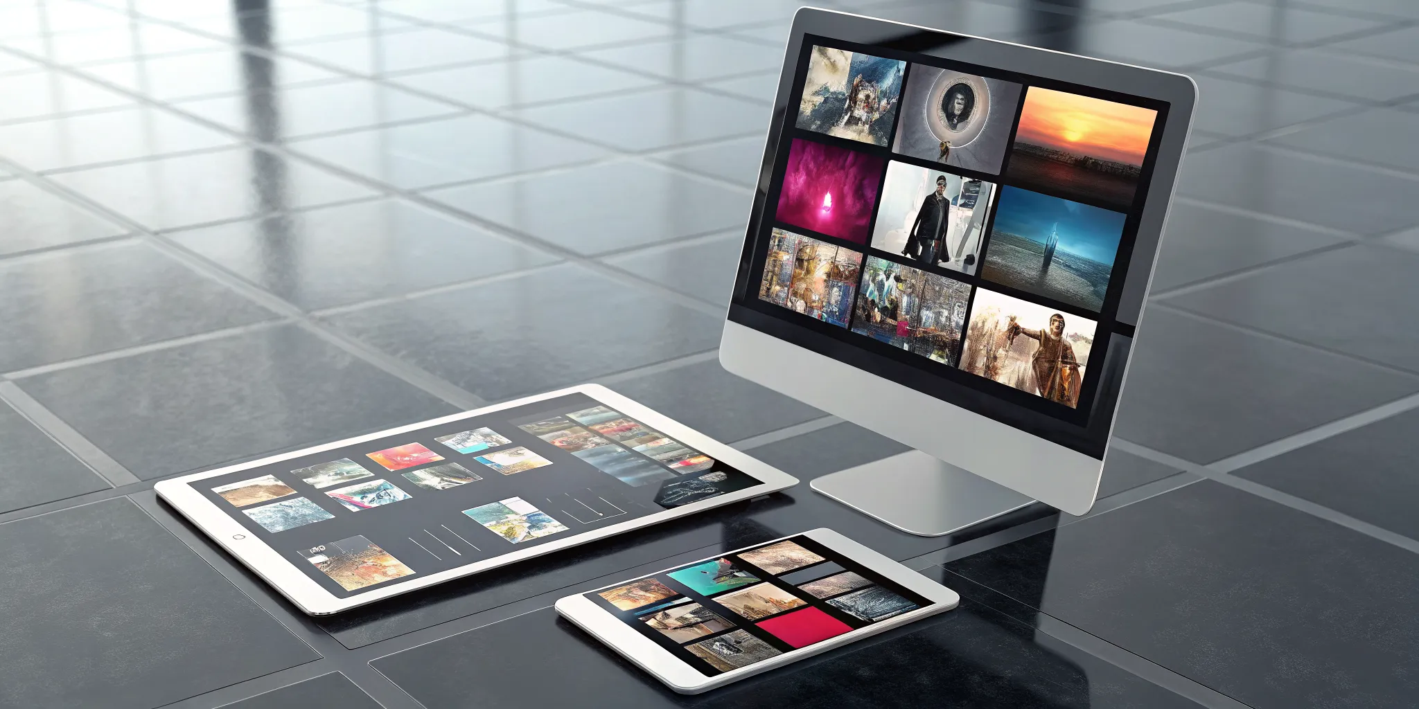 A phone, tablet, and computer displaying today's best music radio platforms.