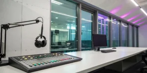 Doak Turner on Finding True Identity Beyond Success & Failure 6 Modern radio station studio with a mixing console and microphone for playing new artists.