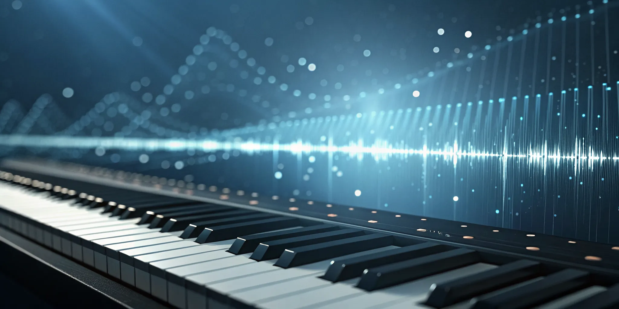 Digital piano keyboard and audio waveforms for an AI beat maker from audio.