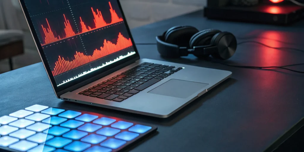 Blog 8 Streaming the best rock radio stations online on a laptop with headphones.