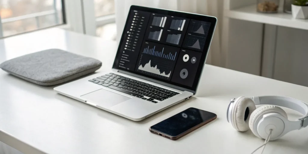 Laptop and smartphone playing free FM radio online next to a pair of headphones.
