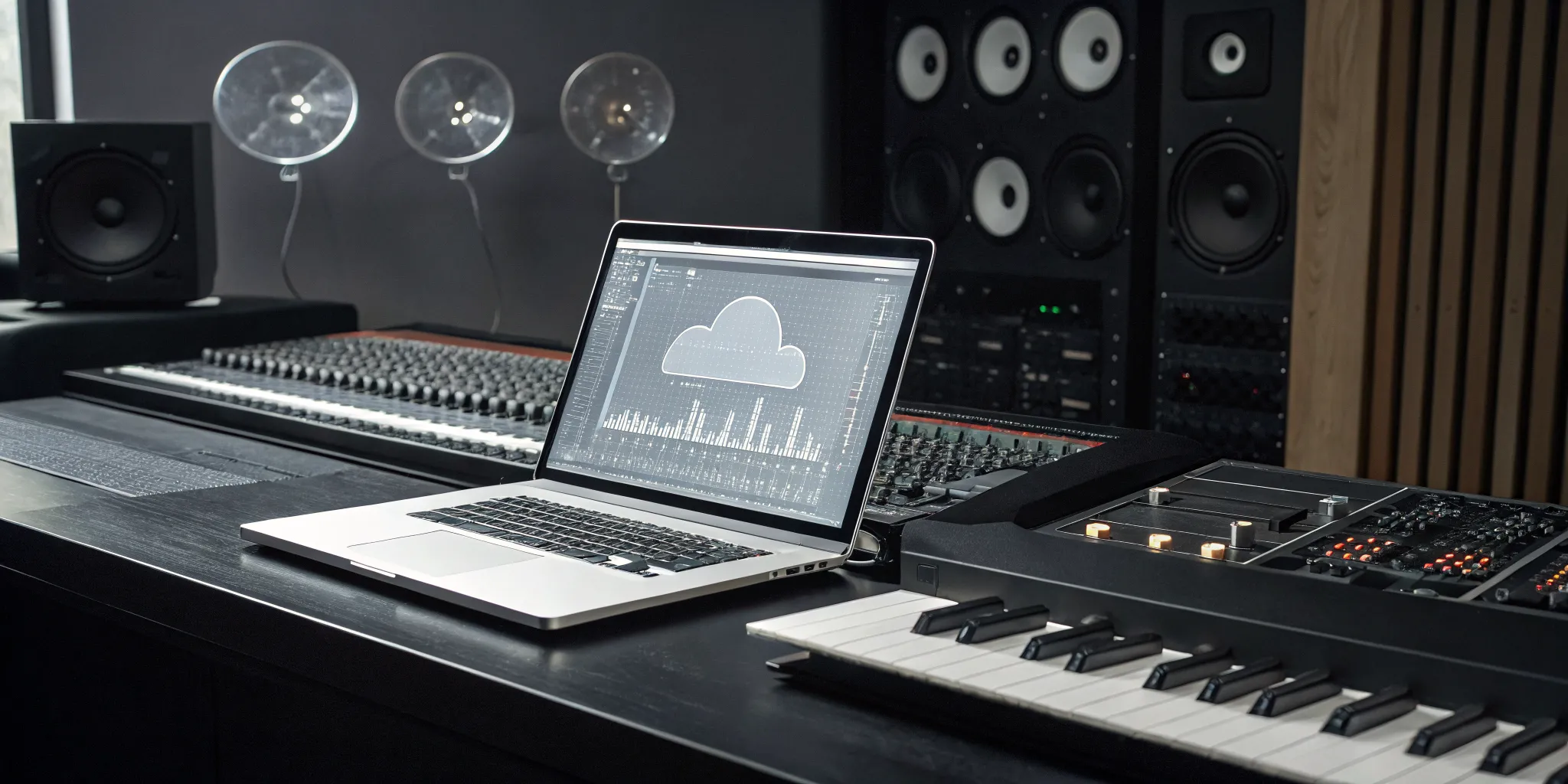 A free online song mixer on a laptop, with an audio mixer and keyboard in a music studio.
