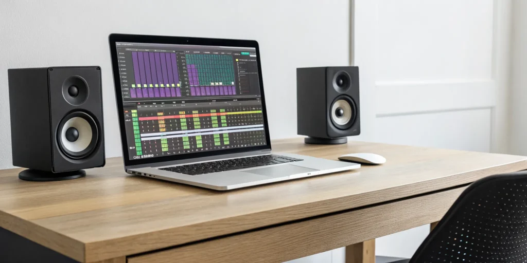 A laptop displaying free song mixing software in a home music studio.