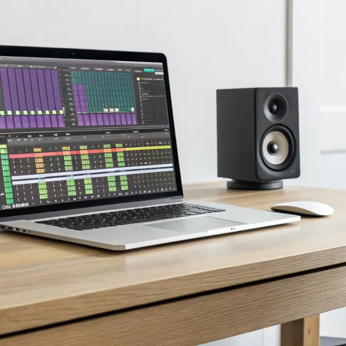 A laptop displaying free song mixing software in a home music studio.