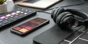Learning the Music Game: Veteran Host Terry Hudson Gets Interviewed by Jack on Local Music Somewhere 2 A smartphone and headphones on a desk, set up to stream free online hip hop radio.