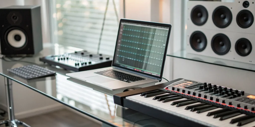 A laptop running a free online piano beat maker, connected to a MIDI keyboard and speakers.
