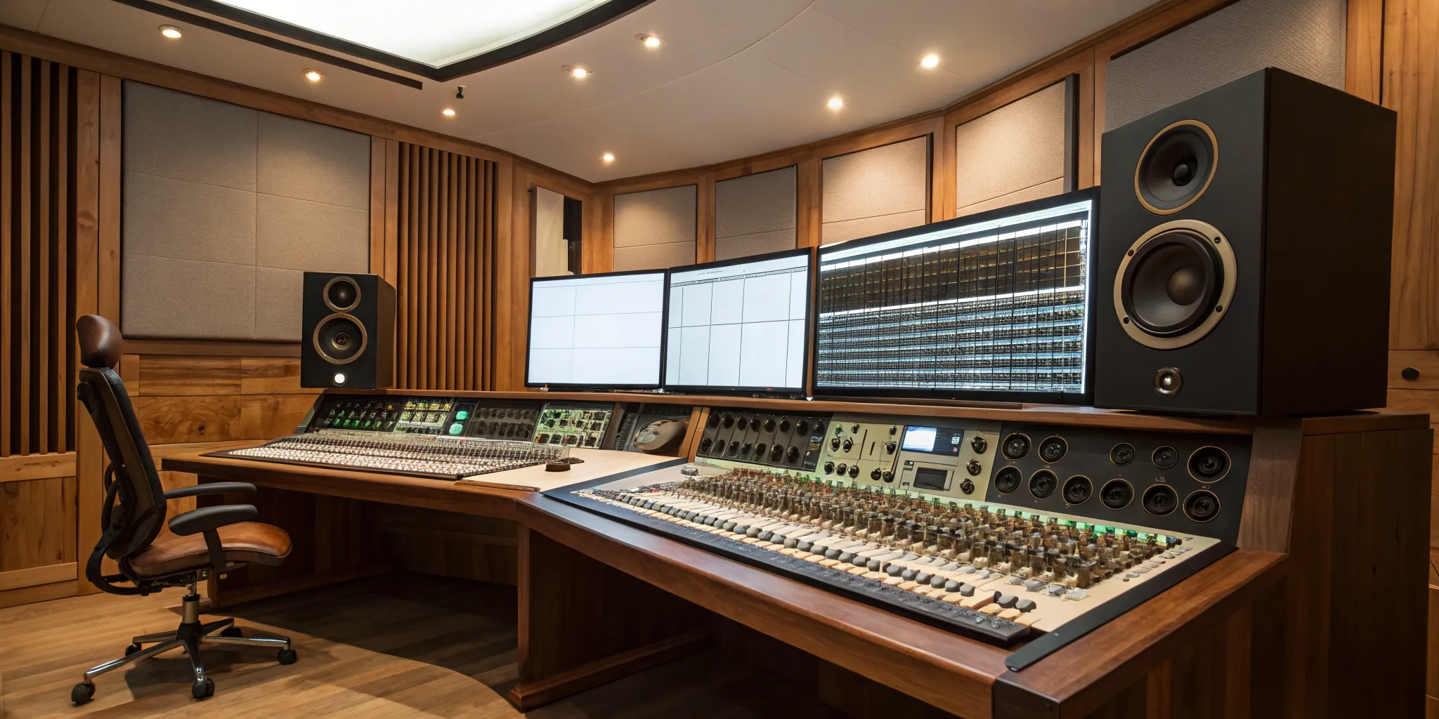 Professional audio mastering software on screens in a studio with a mixing console and speakers.