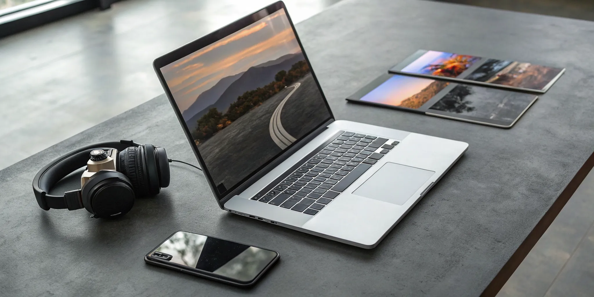 Laptop, headphones, and smartphone for streaming free rap music online.