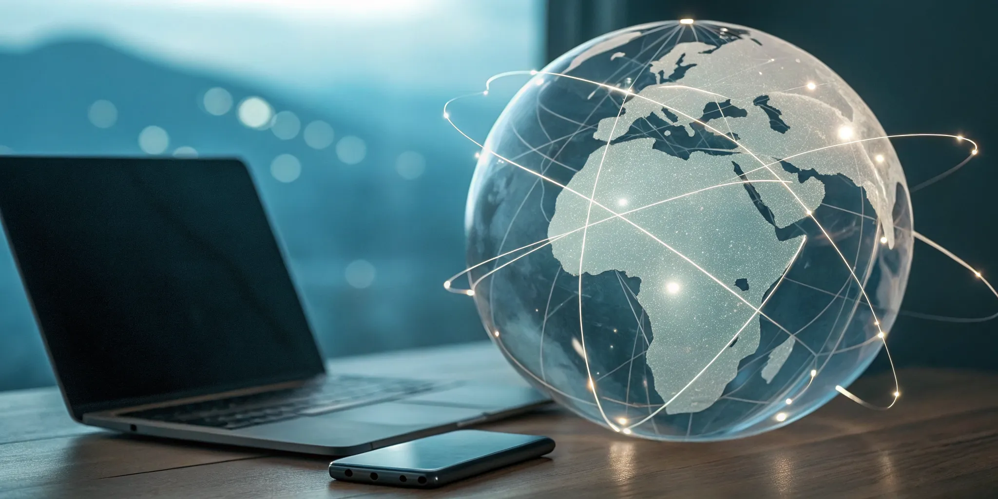 A digital globe connecting a laptop and smartphone to free online radio stations worldwide.