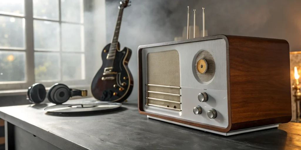 Vintage radio with a guitar and headphones for listening to 60s and 70s classic rock stations.