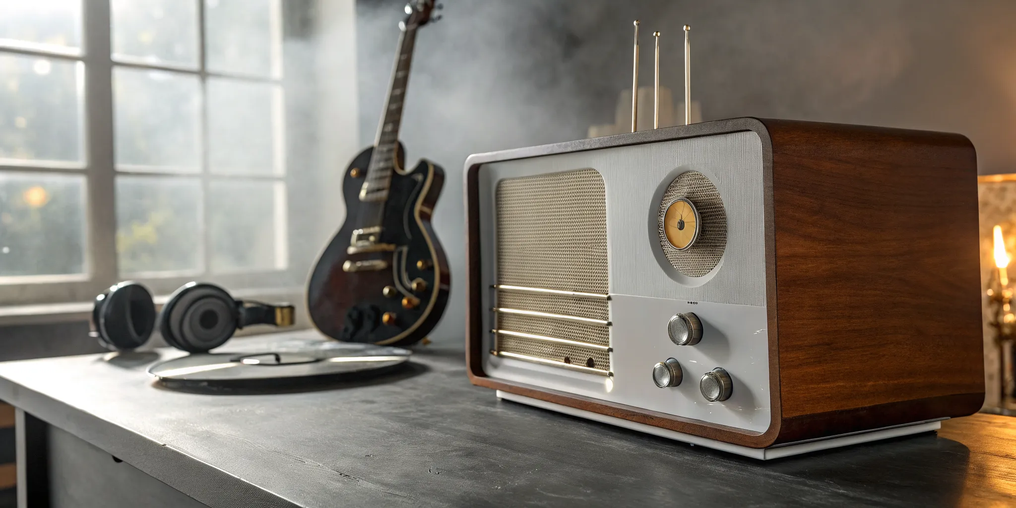 Vintage radio with a guitar and headphones for listening to 60s and 70s classic rock stations.