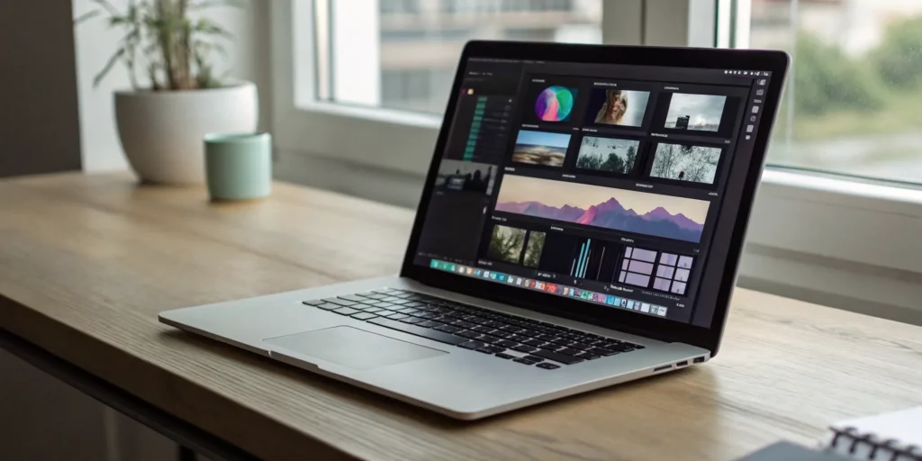 Blog 7 A laptop on a desk showing a search for background music for videos.