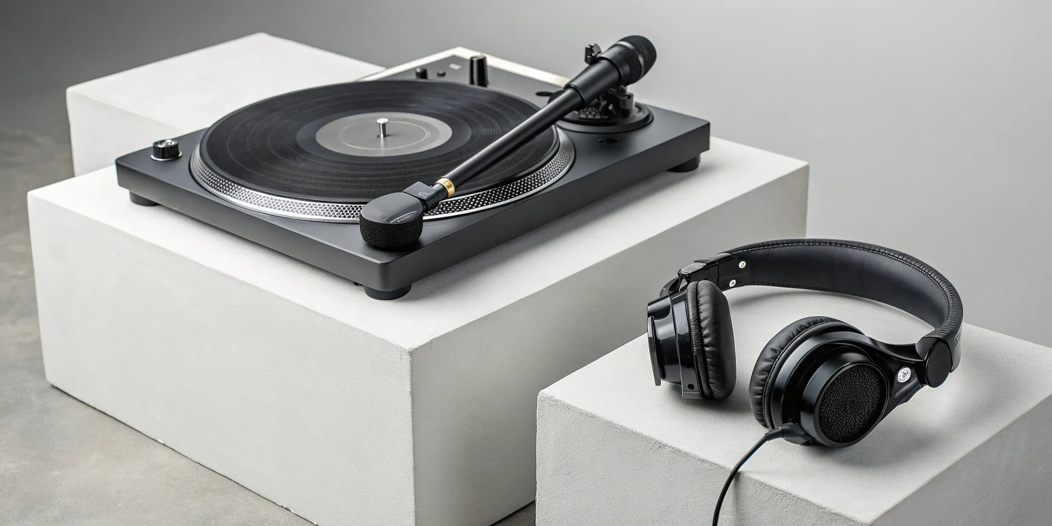 A DJ turntable and headphones, essential to the sound and culture of hip hop music.