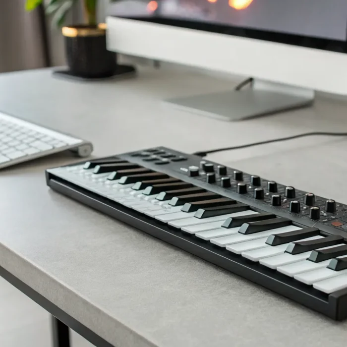 A beat maker keyboard on a desk, part of a beginner's music production setup.