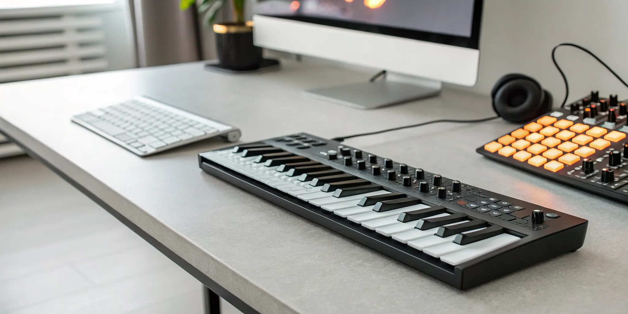 A beat maker keyboard on a desk, part of a beginner's music production setup.