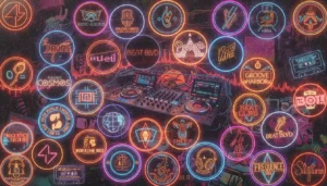 Charlotte Singer-Songwriter Duo Jeff Moder & Nate Whittenburg on Local Music Somewhere 6 Vibrant collage of independent radio station logos and DJ equipment with warm neon glow