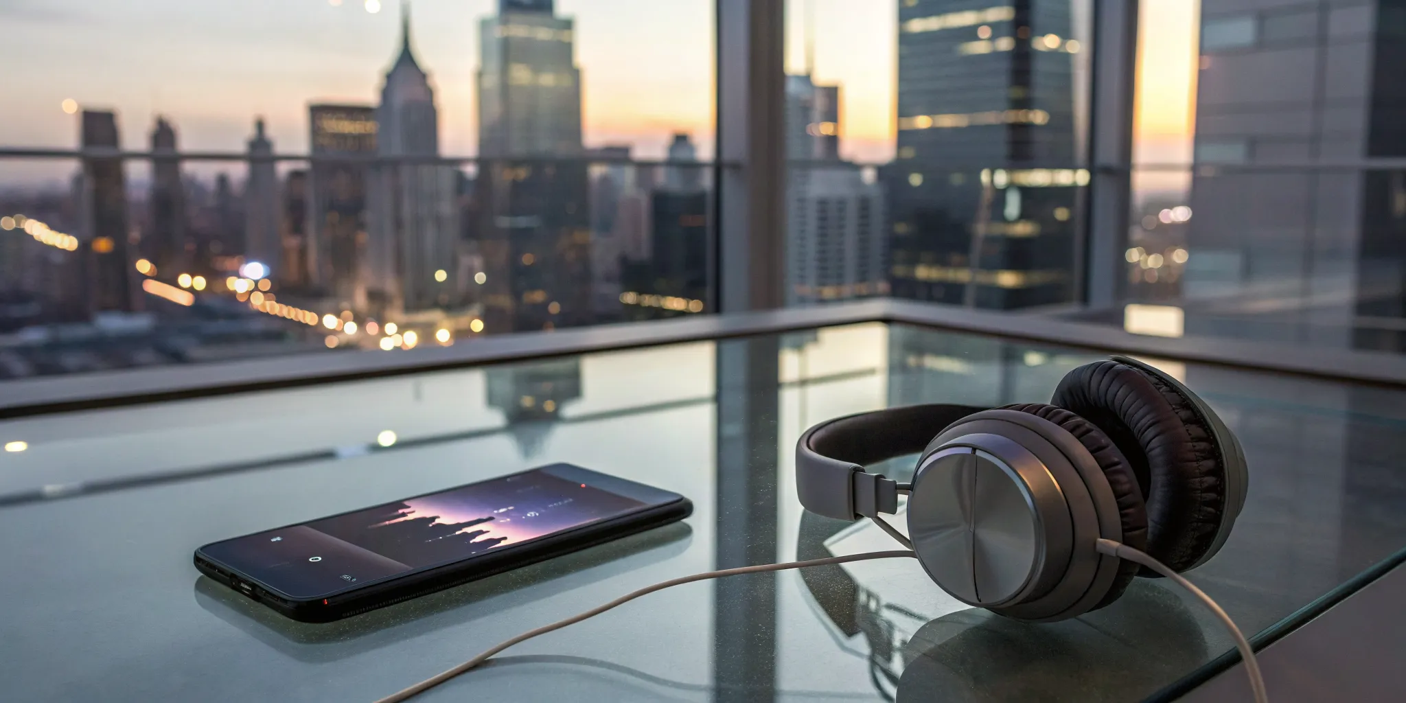 A smartphone with headphones streaming a hip hop and R&B internet radio station.