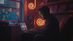 Faith Meets Frequency: Rev. Danny Trapp on Spirit, Healing & Truth 6 Person wearing headphones discovering new music in a dimly lit room with vinyl records, speakers, and urban street art visible through a window
