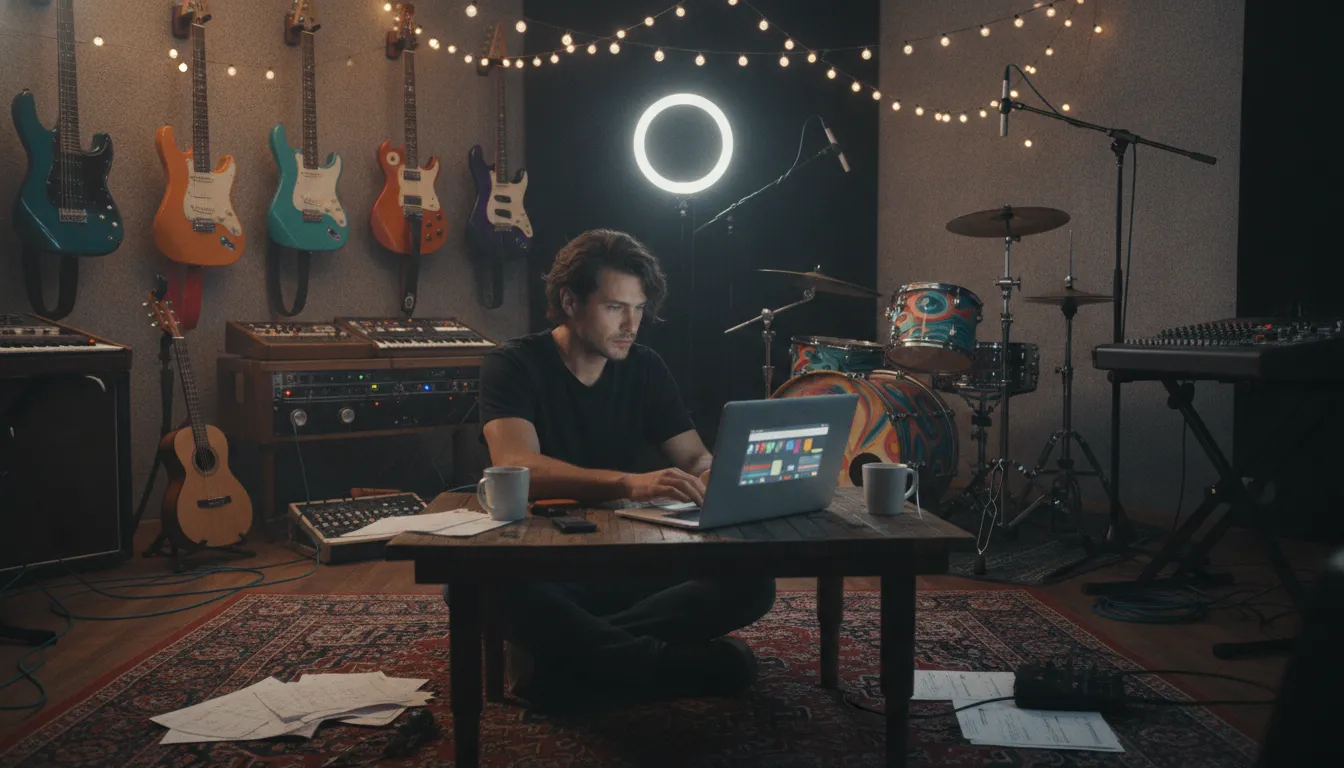 Independent musician working on a laptop at a recording studio desk with guitars and music gear