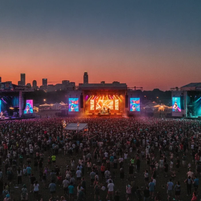 Crowd enjoying a live music festival in Charlotte North Carolina with colorful stage lights and summer evening atmosphere