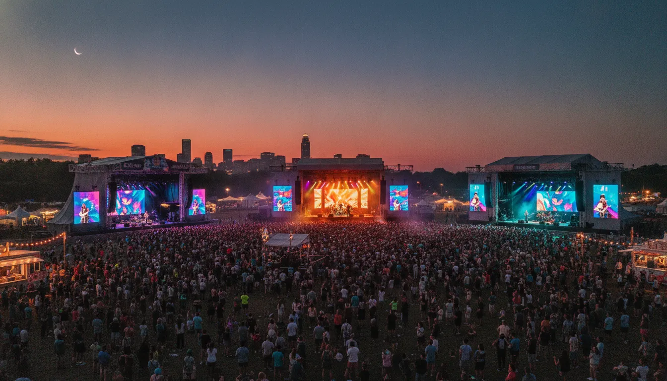 Crowd enjoying a live music festival in Charlotte North Carolina with colorful stage lights and summer evening atmosphere