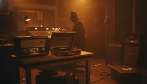 Kelly Aiken of Copeley Designs Art on Architecture, Gold Leaf & Creative Business | OTR 6 A vintage analog radio beside a record player in a warm retro studio with a human DJ at the mixing console