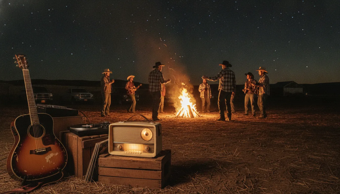 Vintage radio beside a bonfire for country rap radio