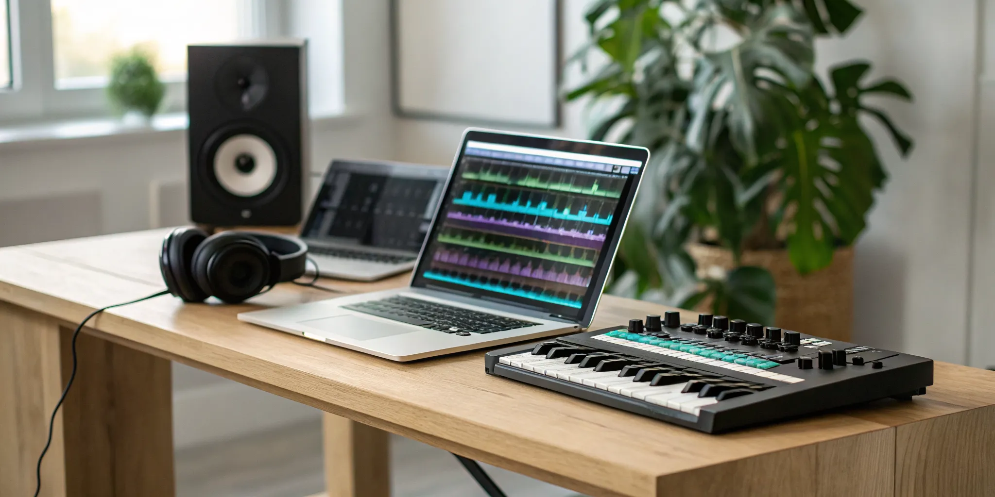 Home music studio setup for creating custom beats for sale.
