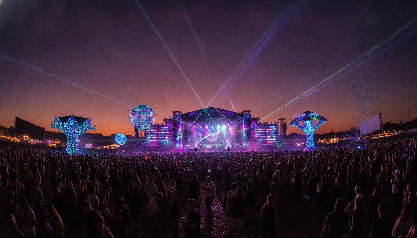 Large outdoor electronic music festival crowd at dusk with colorful stage lights and LED art installations