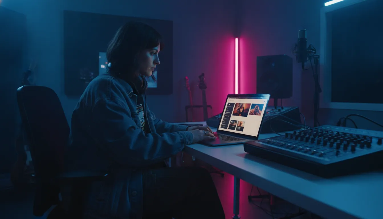Independent musician building an electronic press kit on a laptop