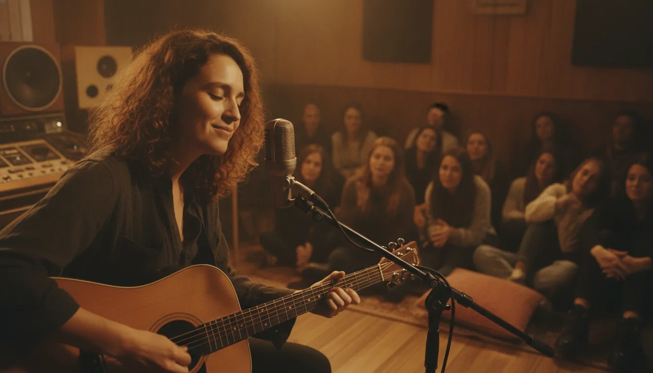 A young independent musician performing on a small stage with warm lighting and an engaged crowd