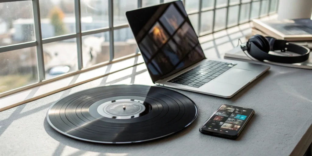Streaming free classic rock on a laptop and phone with headphones and a classic vinyl record.