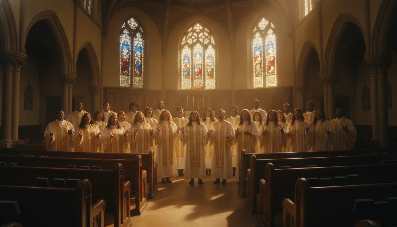 Gospel choir singing in a historic American church