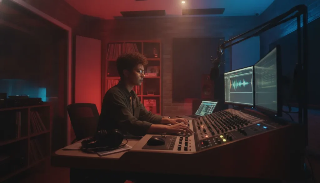 Music director reviewing song submissions in a radio studio