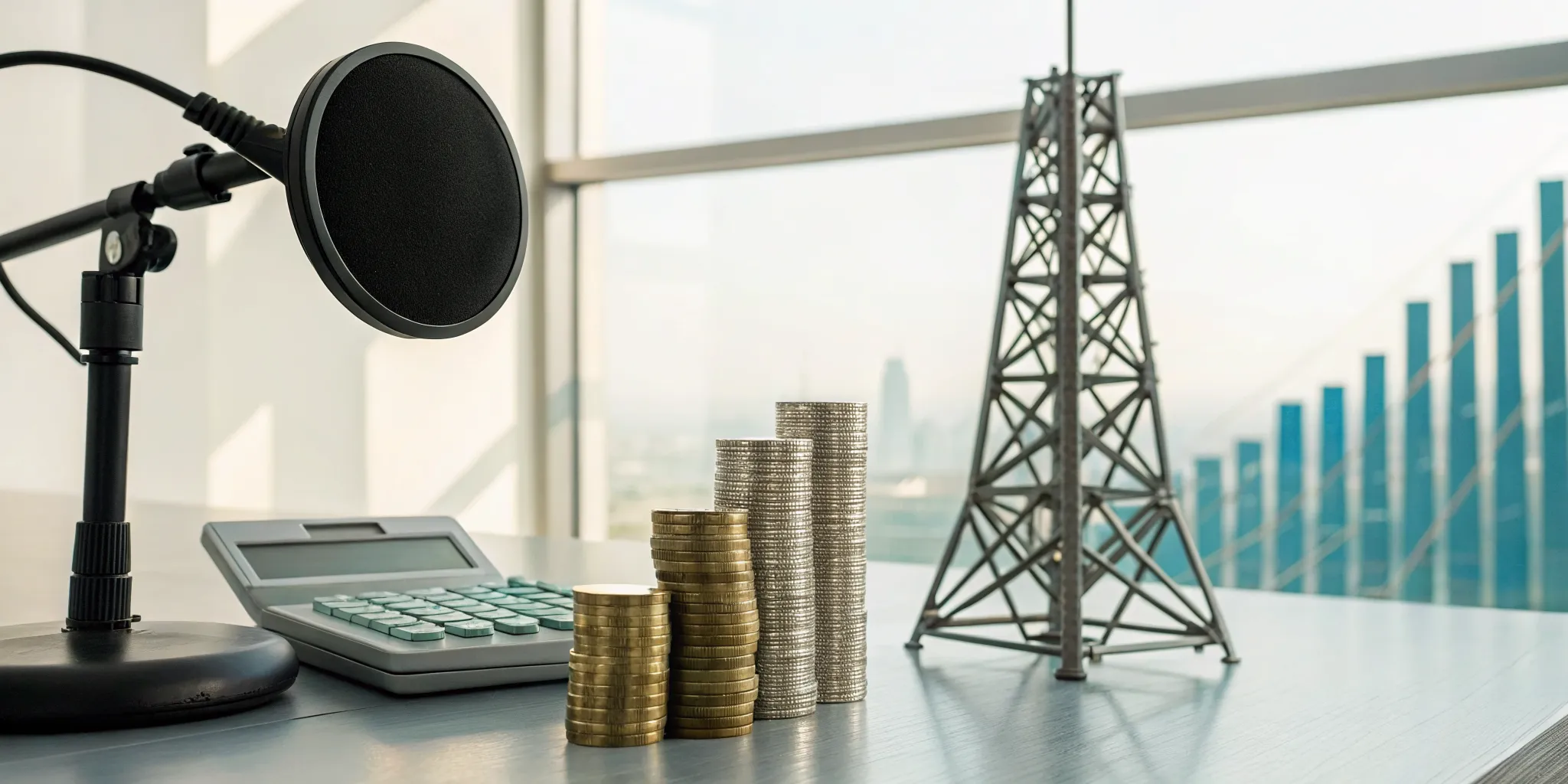 A microphone and calculator showing how much it costs to get a song on the radio.