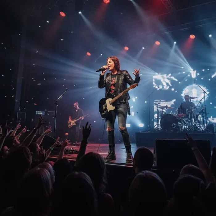 Independent musician performing on stage with dramatic lighting and engaged audience