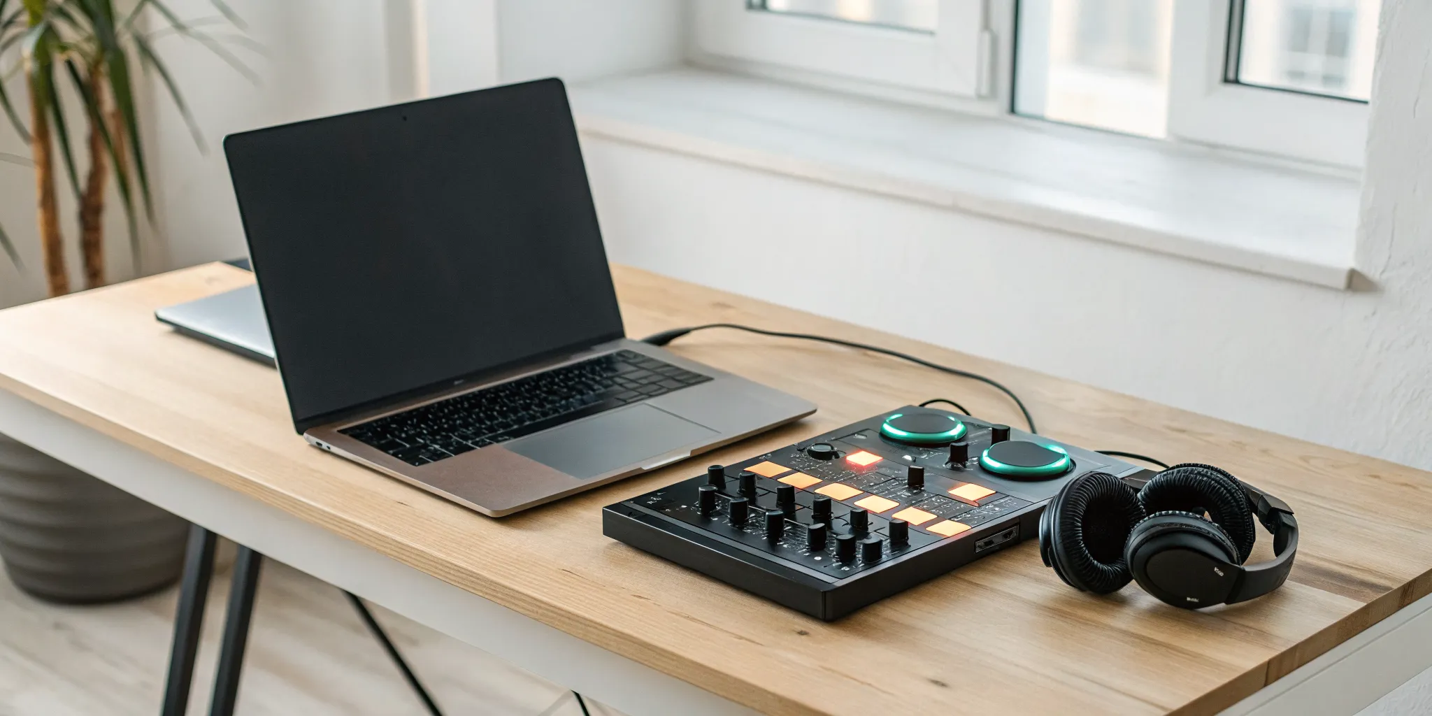 Beginner DJ setup with a laptop, controller, and headphones for learning how to DJ.