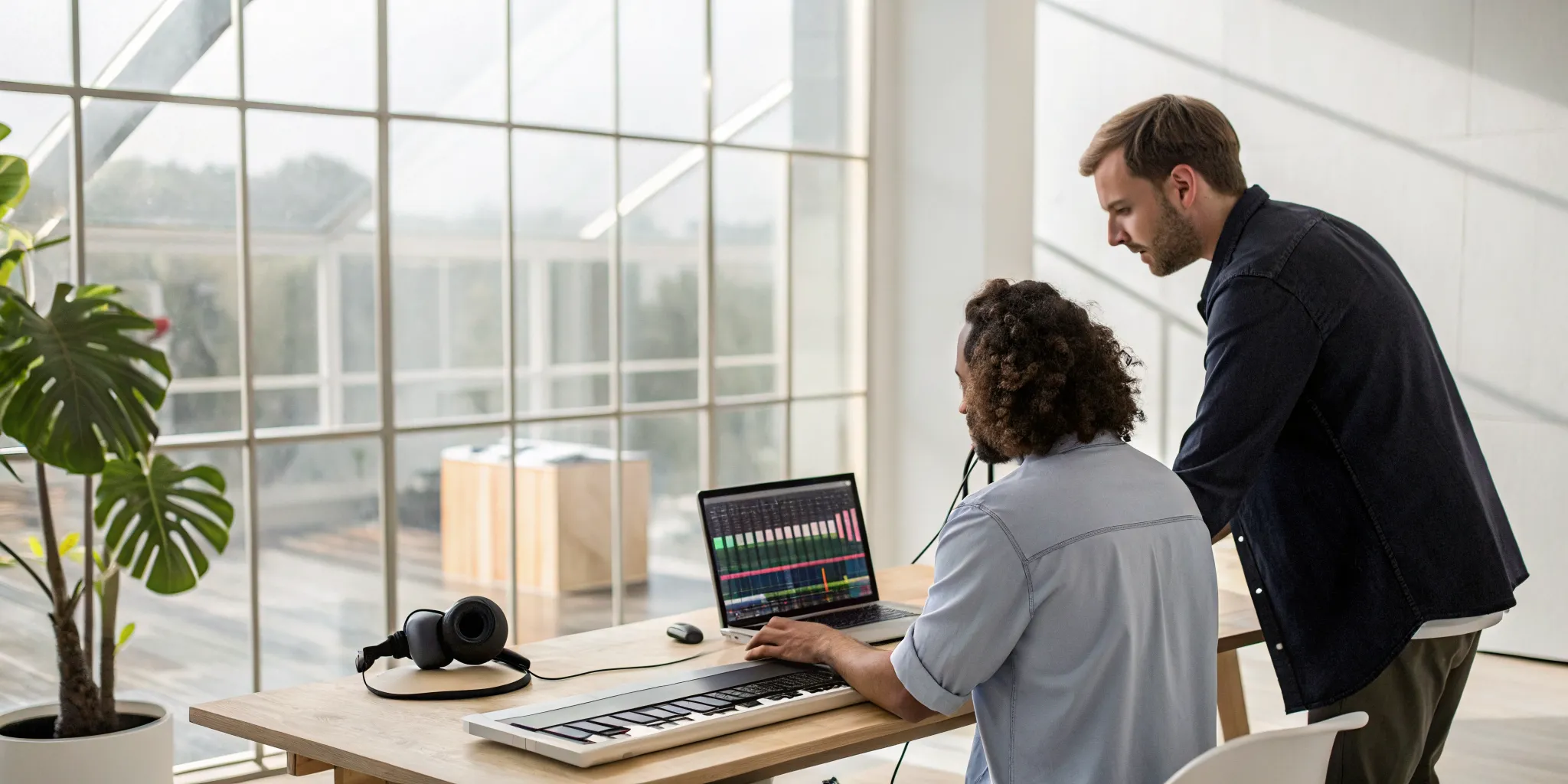 An independent artist and producer collaborating on music production services in a studio.