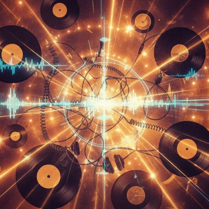 Vibrant collage of vinyl records, radio waves, headphones, and concert lights representing the human side of music discovery