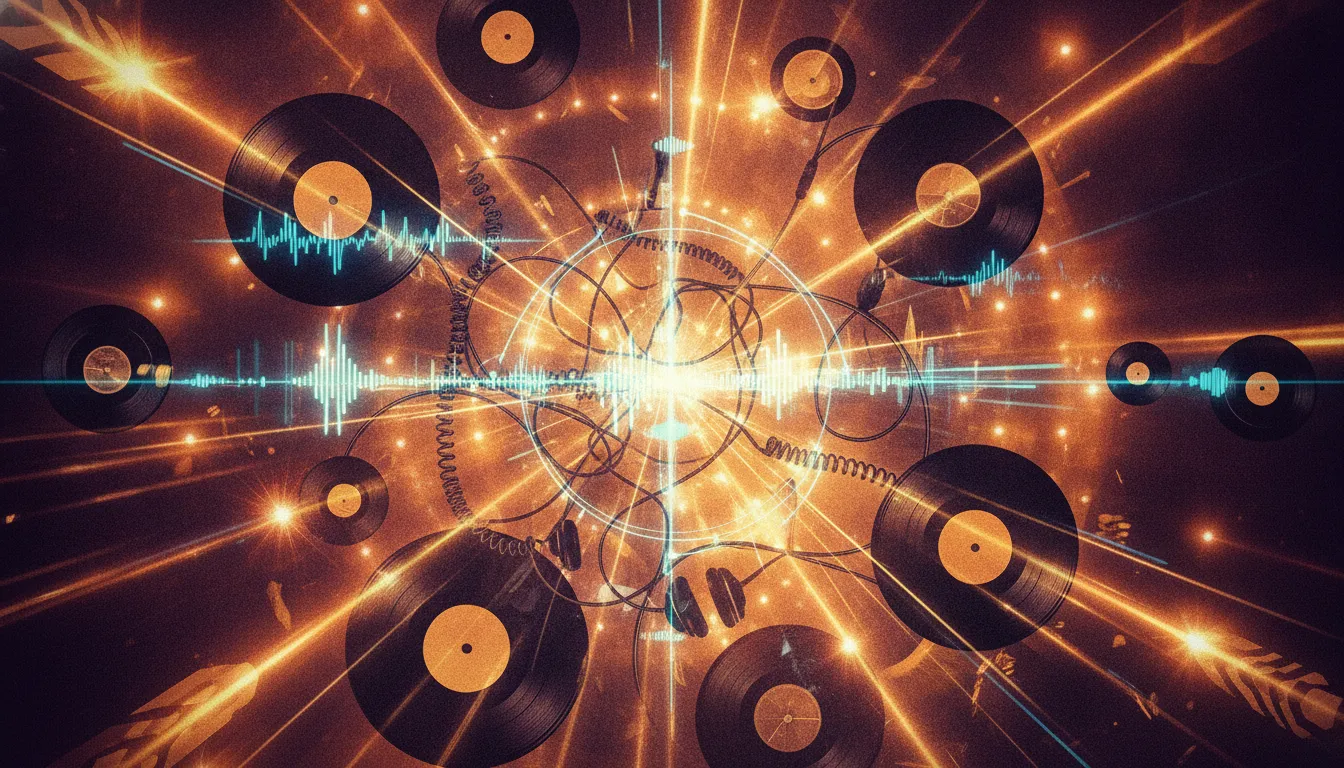 Vibrant collage of vinyl records, radio waves, headphones, and concert lights representing the human side of music discovery