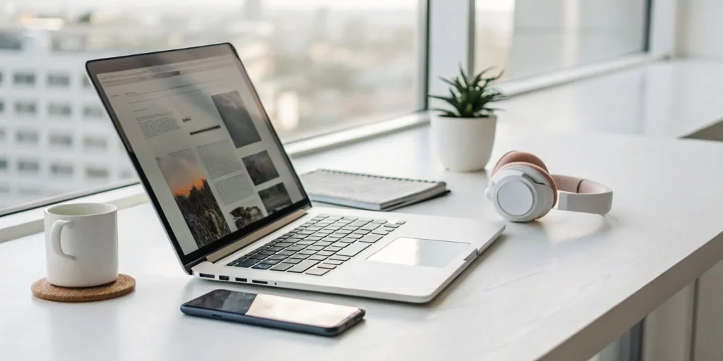 Listening to free online radio on a laptop with headphones in a modern workspace.