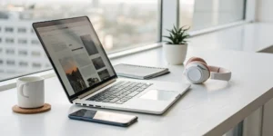 Tori Martin Talks “Abilene” & Life as Indie Artist 1 Listening to free online radio on a laptop with headphones in a modern workspace.