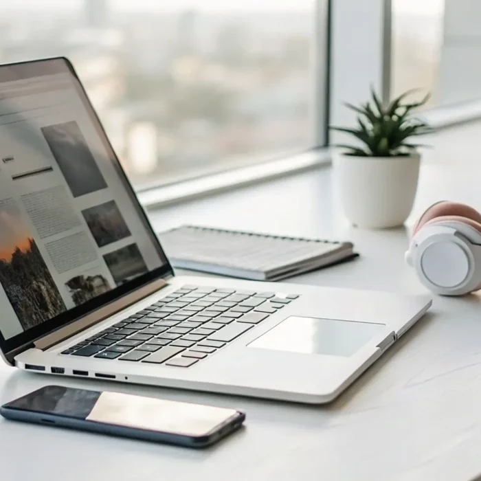 Listening to free online radio on a laptop with headphones in a modern workspace.