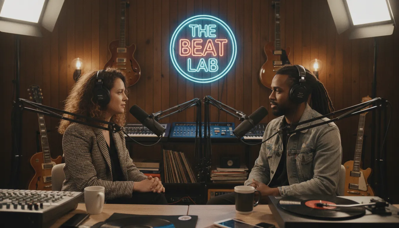 A music artist being interviewed in a professional podcast studio.