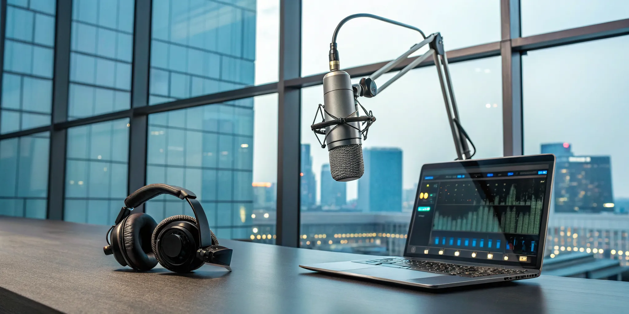 An artist's studio setup with a microphone and laptop to get their music on the radio.