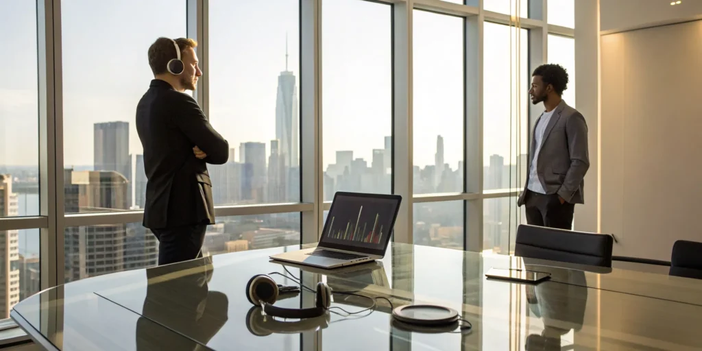 Blog 8 Two men using music analytics on a laptop to get music heard by a record label.