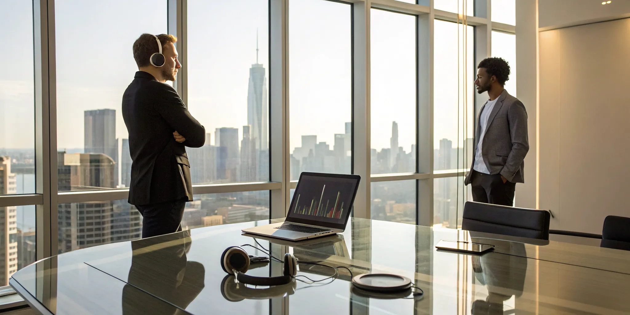 Two men using music analytics on a laptop to get music heard by a record label.